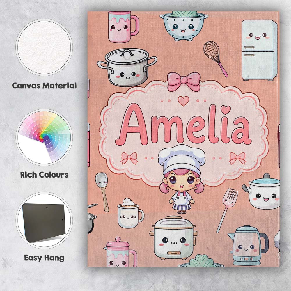 Personalised Name Kawaii Chef Girl Cooking Custom  Unique Gift Idea Elegant Feature Canvas Wall Art Print Decor Picture Ready to Hang
