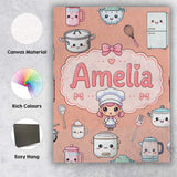 Personalised Name Kawaii Chef Girl Cooking Custom  Unique Gift Idea Elegant Feature Canvas Wall Art Print Decor Picture Ready to Hang