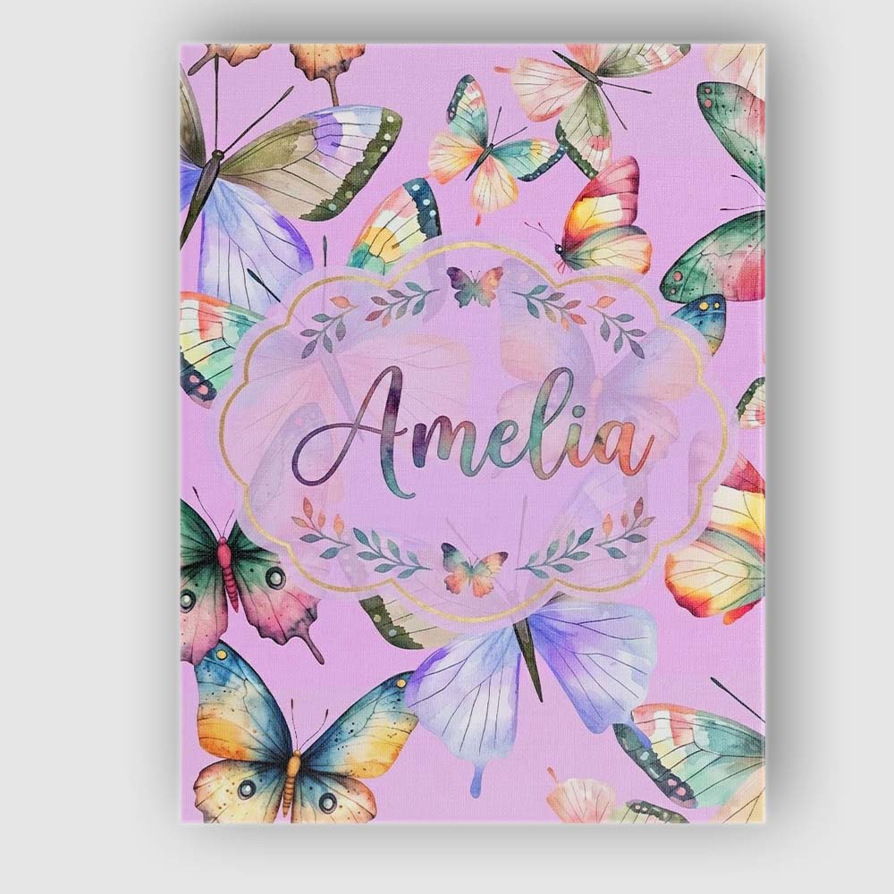 Personalised Name Pastel Watercolor Butterflies Lavender Background Custom Canvas Wall Art Print Decor Picture Ready to Hang