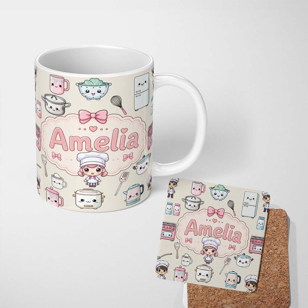 Personalized Custom Name Kawaii Kitchen Chef Girl Cooking Utensils on Cream Seamless Pattern 11oz Ceramic Coffee Tea Mug White Large Handle