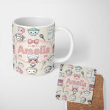 Personalized Custom Name Kawaii Kitchen Chef Girl Cooking Utensils on Cream Seamless Pattern 11oz Ceramic Coffee Tea Mug White Large Handle