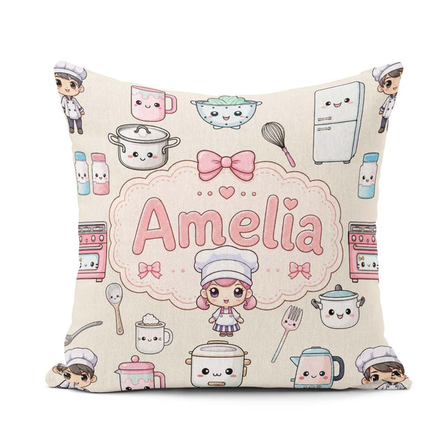 Custom Name Chef Girl Cooking Utensils on Cream Seamless Pattern Square Filled Cushion Throw Pillow Sofa Bed Home Decor Zip Washable UK Made