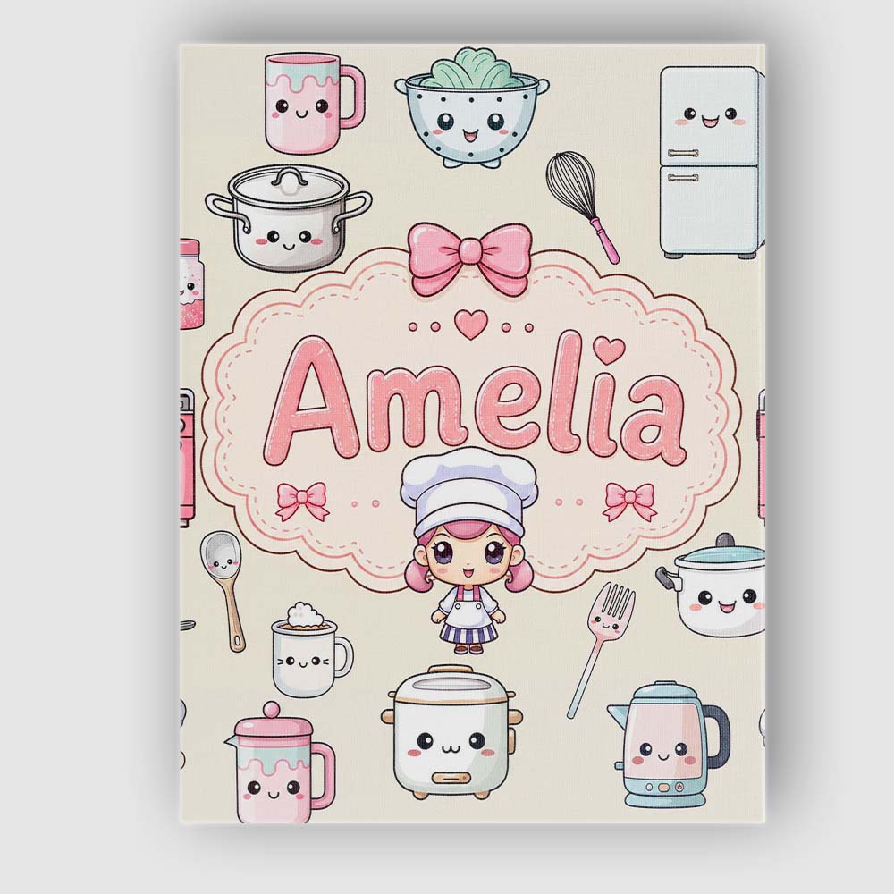 Personalised Name Kawaii Chef Girl Cooking Custom  Unique Gift Idea Elegant Feature Canvas Wall Art Print Decor Picture Ready to Hang