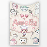 Kawaii  Chef Girl Cooking Utensils on Cream Seamless Pattern  Personalised Custom Name Super Soft Fleece Blanket Bed Sofa Throw