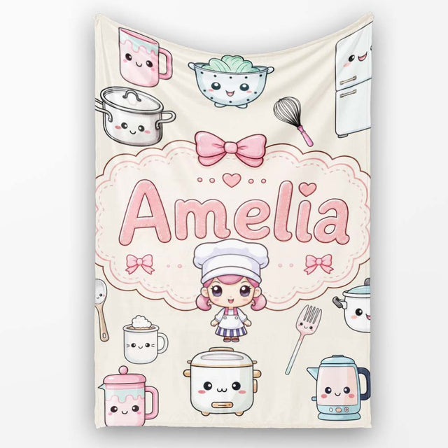 Kawaii  Chef Girl Cooking Utensils on Cream Seamless Pattern  Personalised Custom Name Super Soft Fleece Blanket Bed Sofa Throw