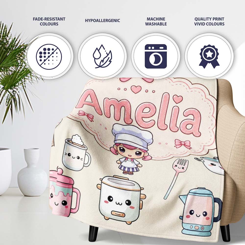 Kawaii  Chef Girl Cooking Utensils on Cream Seamless Pattern  Personalised Custom Name Super Soft Fleece Blanket Bed Sofa Throw