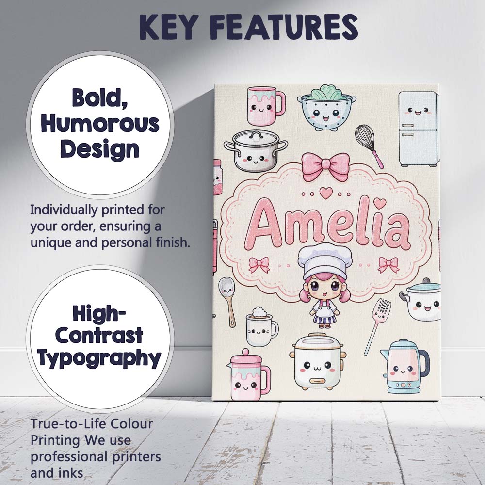 Personalised Name Kawaii Chef Girl Cooking Custom  Unique Gift Idea Elegant Feature Canvas Wall Art Print Decor Picture Ready to Hang