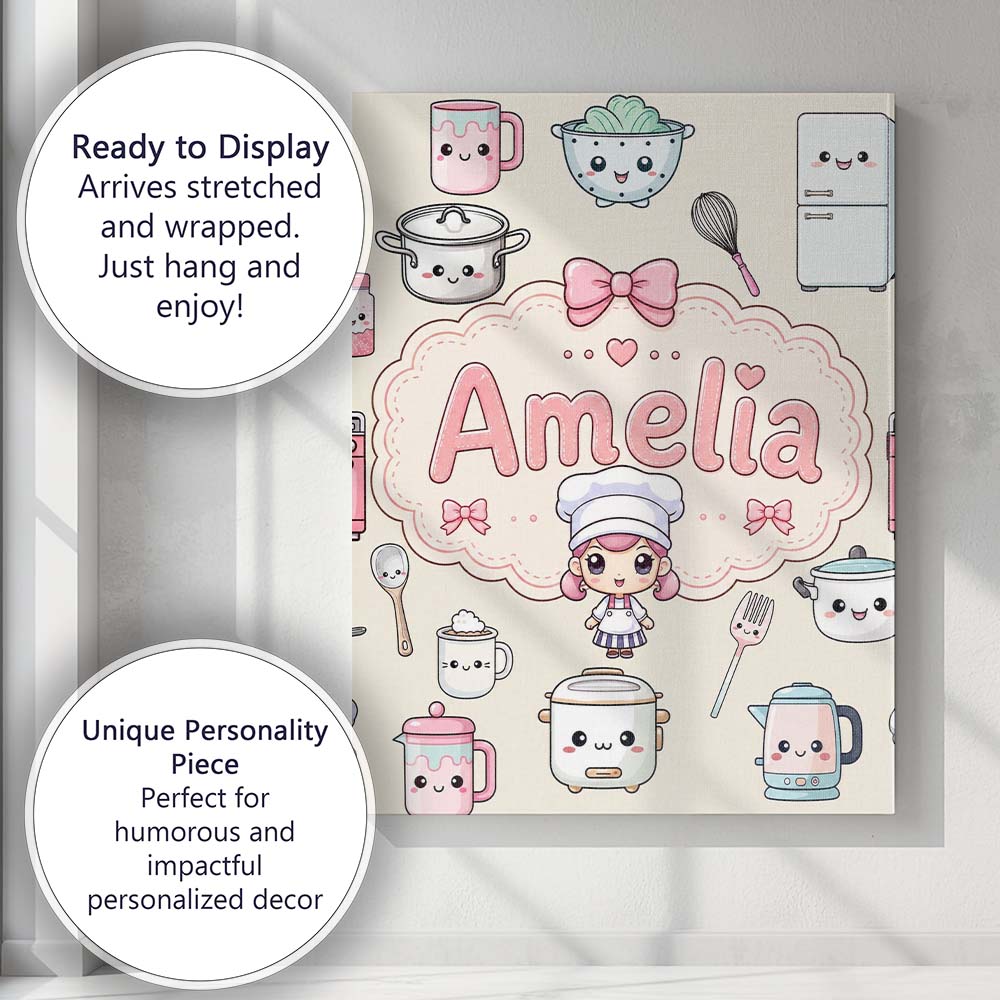 Personalised Name Kawaii Chef Girl Cooking Custom  Unique Gift Idea Elegant Feature Canvas Wall Art Print Decor Picture Ready to Hang