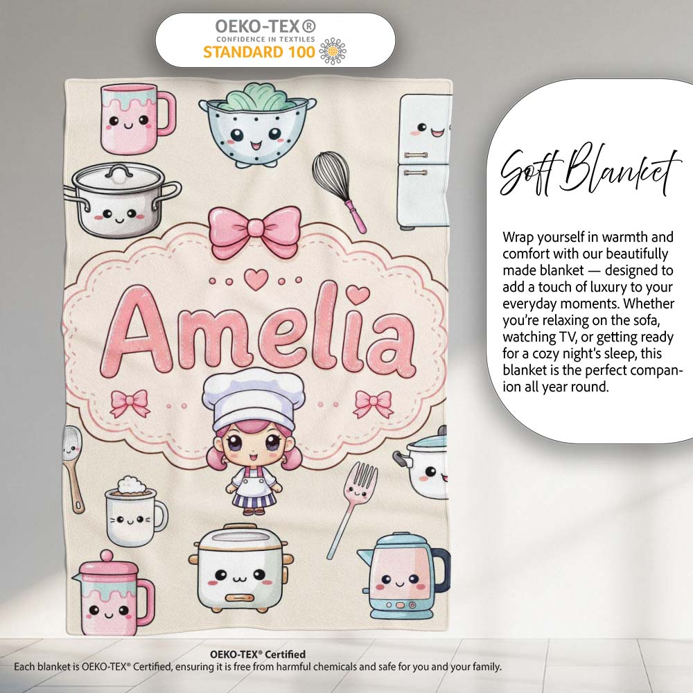 Kawaii  Chef Girl Cooking Utensils on Cream Seamless Pattern  Personalised Custom Name Super Soft Fleece Blanket Bed Sofa Throw