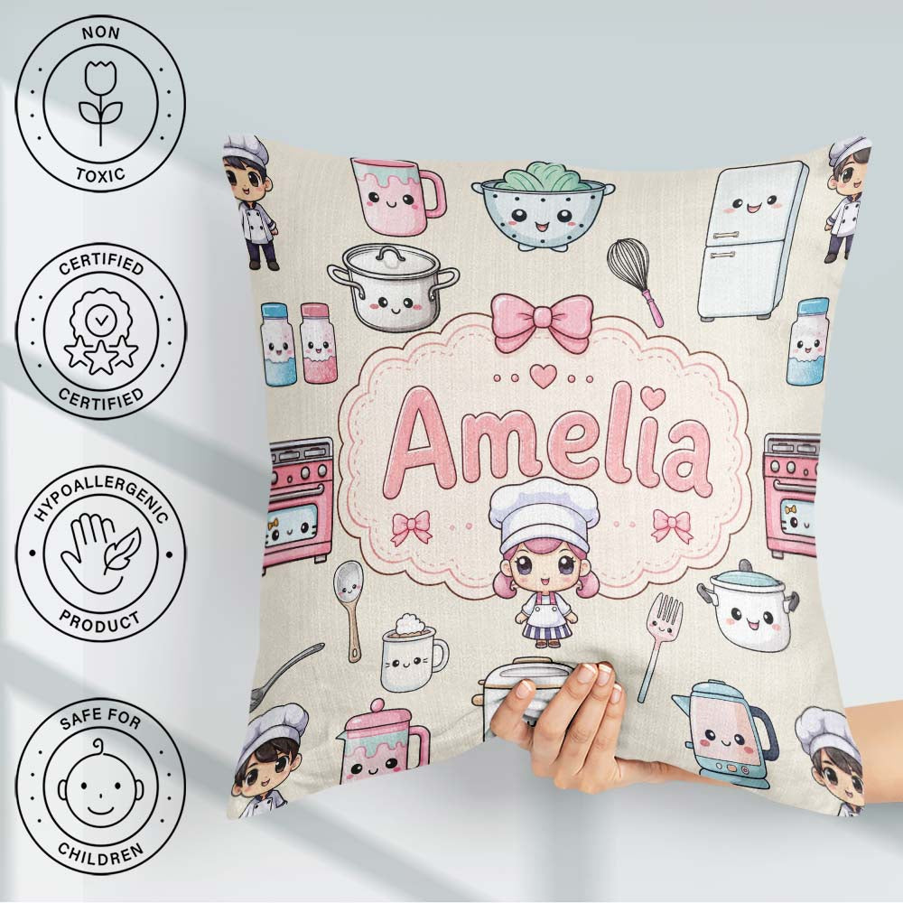Custom Name Chef Girl Cooking Utensils on Cream Seamless Pattern Square Filled Cushion Throw Pillow Sofa Bed Home Decor Zip Washable UK Made