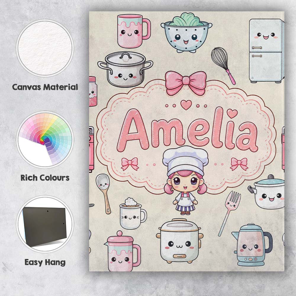 Personalised Name Kawaii Chef Girl Cooking Custom  Unique Gift Idea Elegant Feature Canvas Wall Art Print Decor Picture Ready to Hang