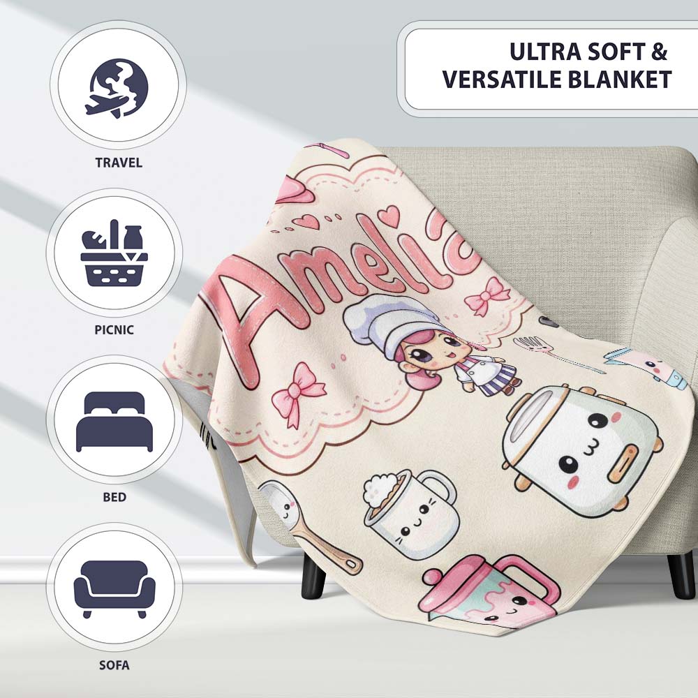 Kawaii  Chef Girl Cooking Utensils on Cream Seamless Pattern  Personalised Custom Name Super Soft Fleece Blanket Bed Sofa Throw