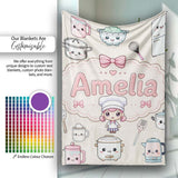 Kawaii  Chef Girl Cooking Utensils on Cream Seamless Pattern  Personalised Custom Name Super Soft Fleece Blanket Bed Sofa Throw