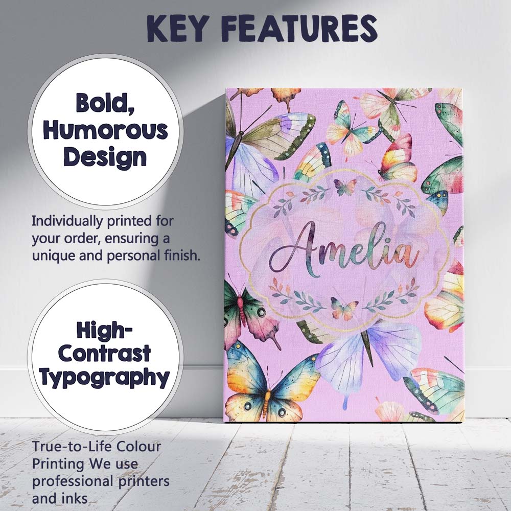 Personalised Name Pastel Watercolor Butterflies Lavender Background Custom Canvas Wall Art Print Decor Picture Ready to Hang