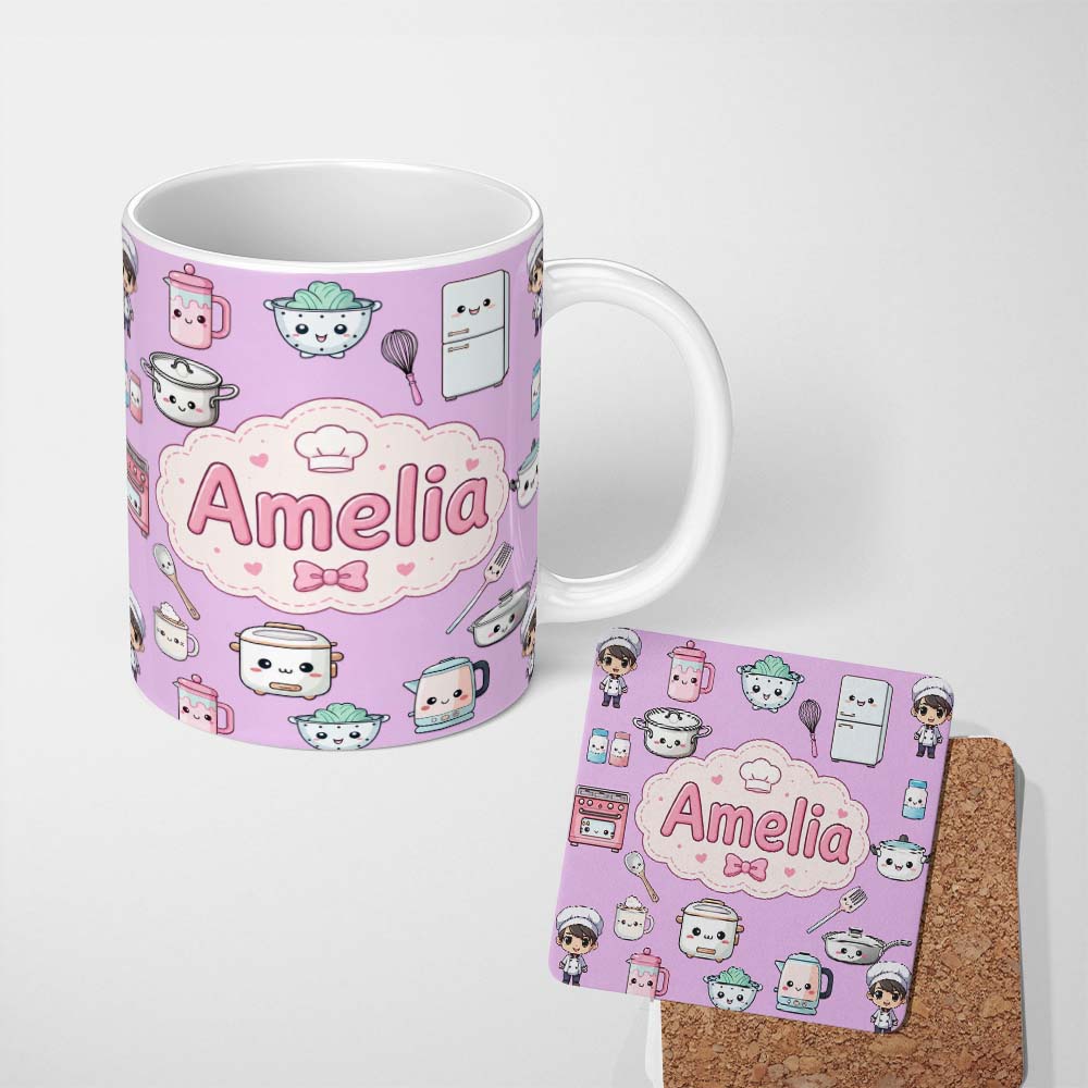 Personalized Custom Name Kawaii Kitchen Chef Girl Cooking Utensils on Purple Seamless 11oz Ceramic Coffee Tea Mug White Large Handle