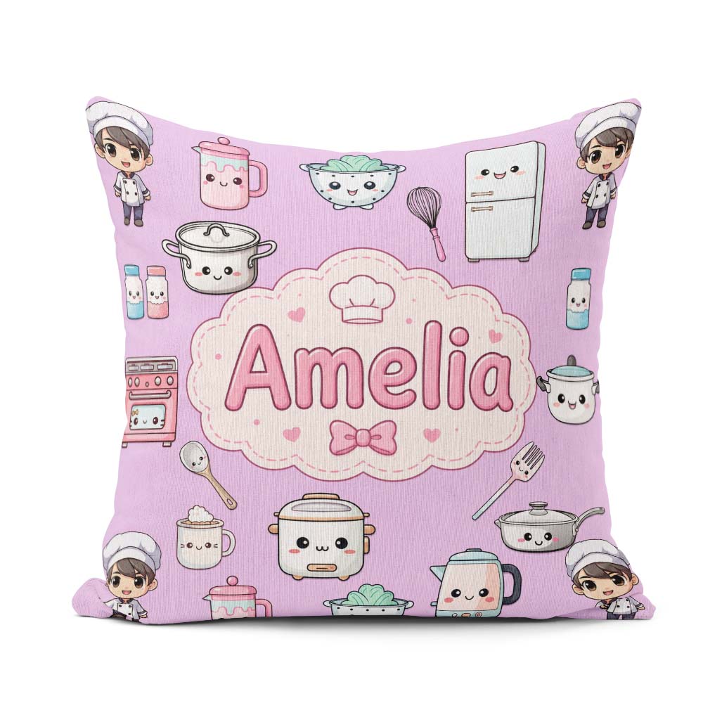 Custom Name Kawaii Chef Girl Cooking Utensils on Purple Seamless Square Filled Cushion Throw Pillow Sofa Bed Home Decor Zip Washable UK Made