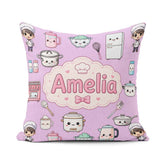 Custom Name Kawaii Chef Girl Cooking Utensils on Purple Seamless Square Filled Cushion Throw Pillow Sofa Bed Home Decor Zip Washable UK Made