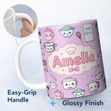Personalized Custom Name Kawaii Kitchen Chef Girl Cooking Utensils on Purple Seamless 11oz Ceramic Coffee Tea Mug White Large Handle