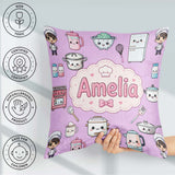 Custom Name Kawaii Chef Girl Cooking Utensils on Purple Seamless Square Filled Cushion Throw Pillow Sofa Bed Home Decor Zip Washable UK Made