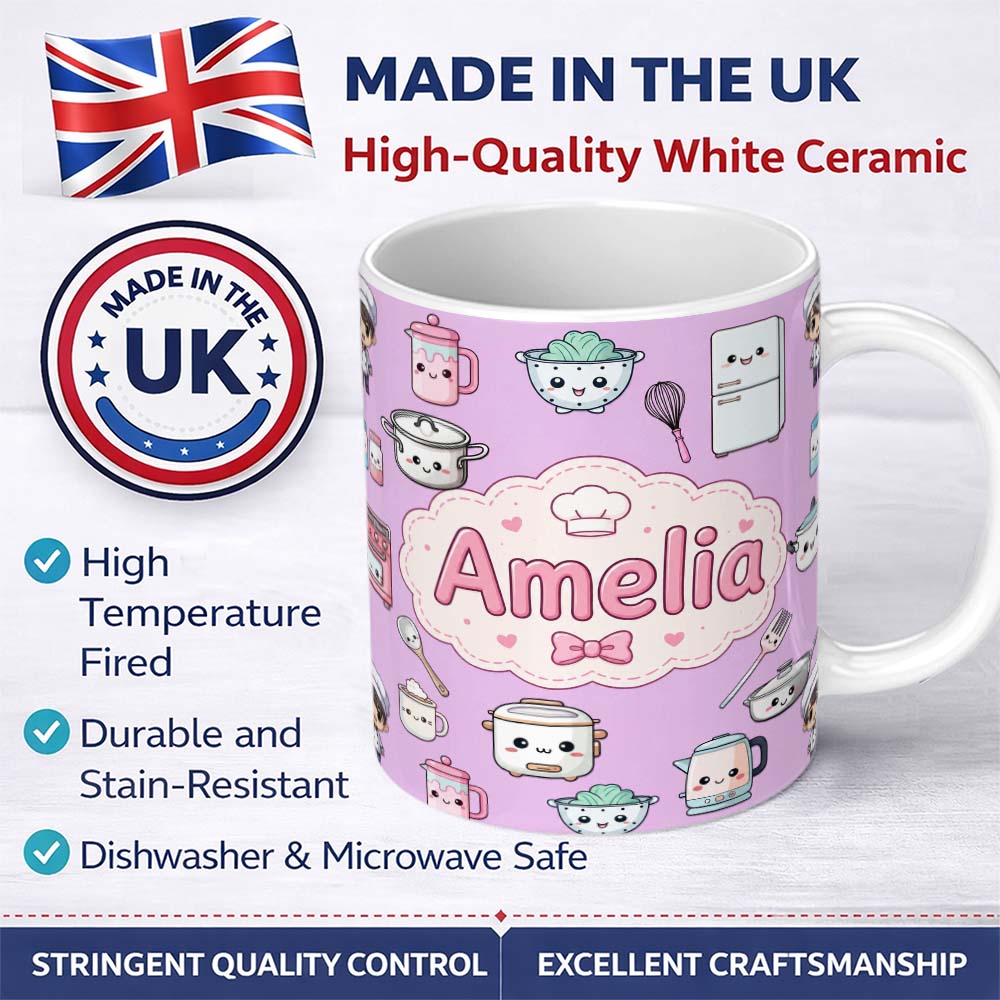 Personalized Custom Name Kawaii Kitchen Chef Girl Cooking Utensils on Purple Seamless 11oz Ceramic Coffee Tea Mug White Large Handle
