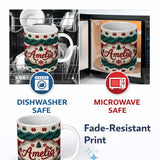 Personalized Custom Name Cute Festive Knitted Texture Red Green White Cozy Seamless Pattern 11oz Ceramic Coffee Tea Mug White Large Handle