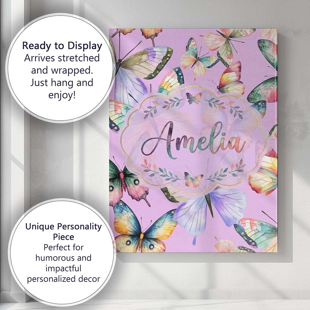 Personalised Name Pastel Watercolor Butterflies Lavender Background Custom Canvas Wall Art Print Decor Picture Ready to Hang