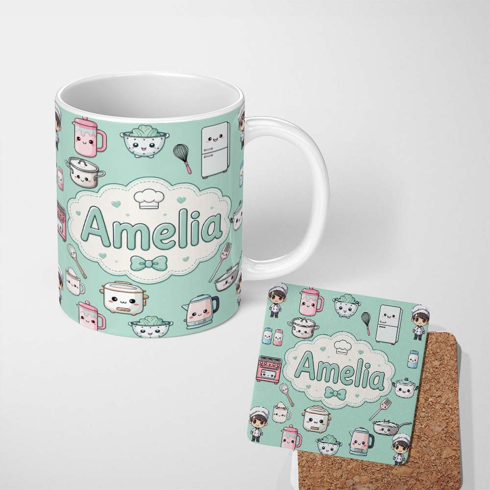 Personalized Custom Name Kawaii Kitchen Chef Girl Cooking Utensils on Mint Seamless Pattern 11oz Ceramic Coffee Tea Mug White Large Handle