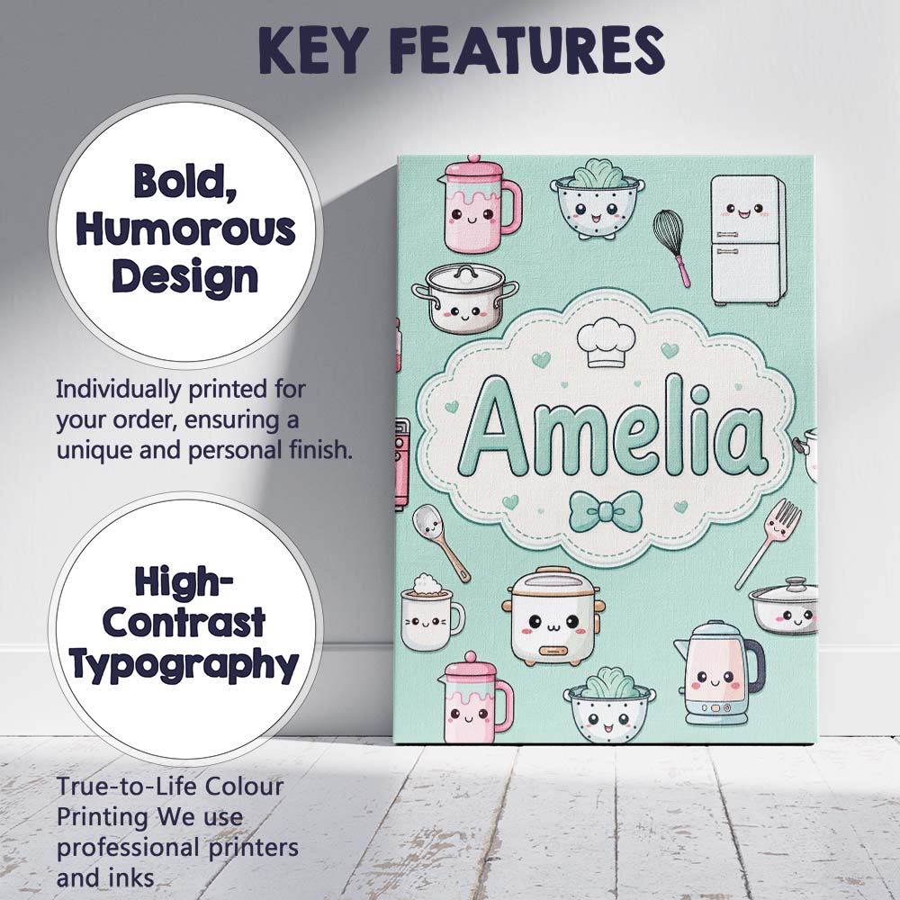Personalised Name Kawaii Chef Girl Cooking Custom  Unique Gift Idea Elegant Feature Canvas Wall Art Print Decor Picture Ready to Hang