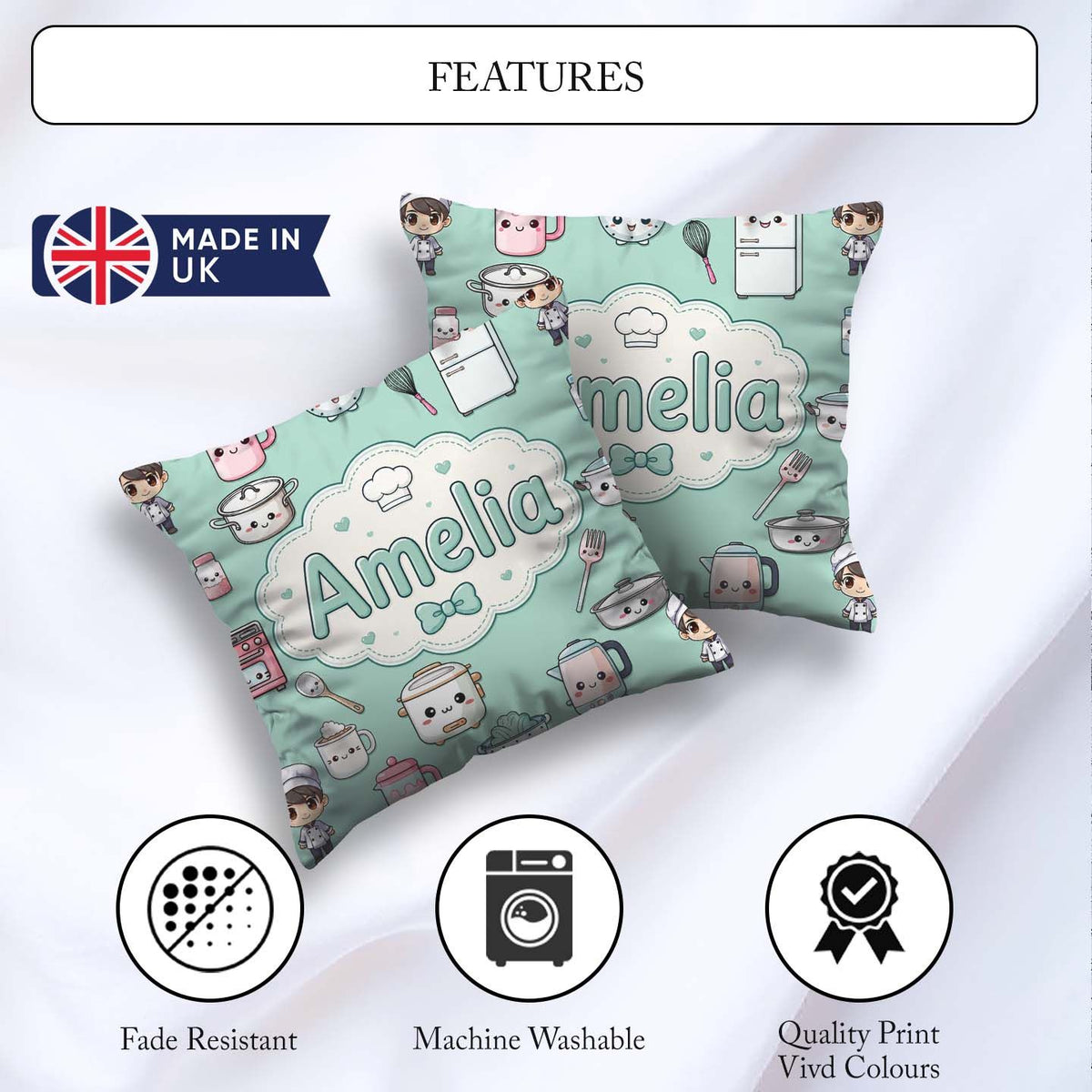 Custom Name Chef Girl Cooking Utensils on Mint Seamless Pattern Square Filled Cushion Throw Pillow Sofa Bed Home Decor Zip Washable UK Made