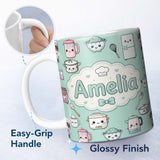 Personalized Custom Name Kawaii Kitchen Chef Girl Cooking Utensils on Mint Seamless Pattern 11oz Ceramic Coffee Tea Mug White Large Handle