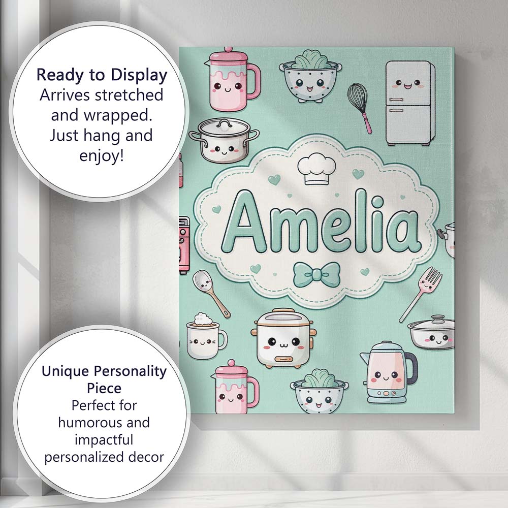 Personalised Name Kawaii Chef Girl Cooking Custom  Unique Gift Idea Elegant Feature Canvas Wall Art Print Decor Picture Ready to Hang