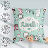 Custom Name Chef Girl Cooking Utensils on Mint Seamless Pattern Square Filled Cushion Throw Pillow Sofa Bed Home Decor Zip Washable UK Made
