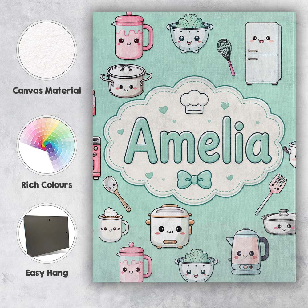 Personalised Name Kawaii Chef Girl Cooking Custom  Unique Gift Idea Elegant Feature Canvas Wall Art Print Decor Picture Ready to Hang