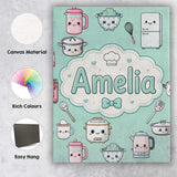 Personalised Name Kawaii Chef Girl Cooking Custom  Unique Gift Idea Elegant Feature Canvas Wall Art Print Decor Picture Ready to Hang