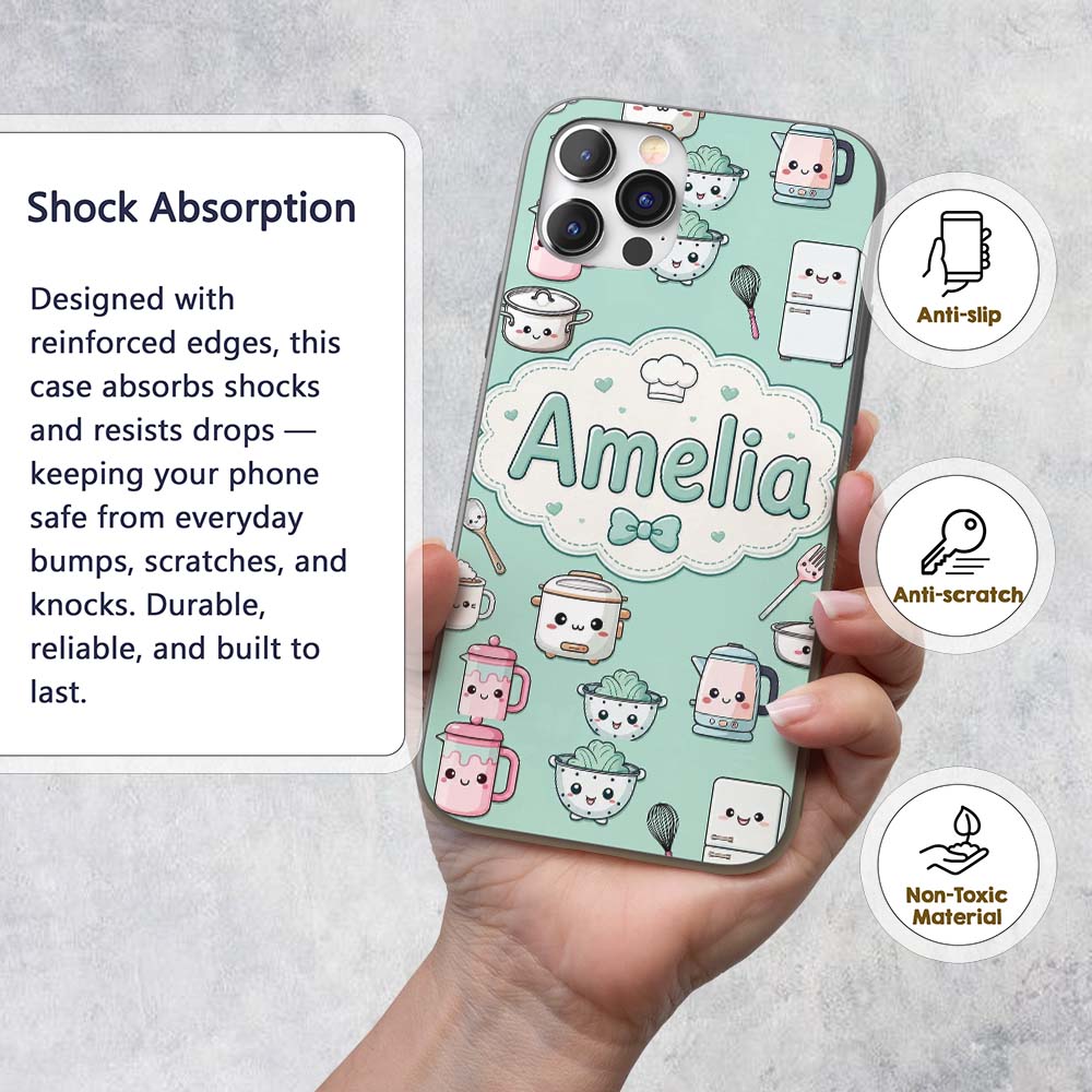 Kawaii Chef Girl Cooking Utensils Printed Design Custom Name Protective Phone Case Mobile Cover Durable Everyday Smartphone Shock Resistant