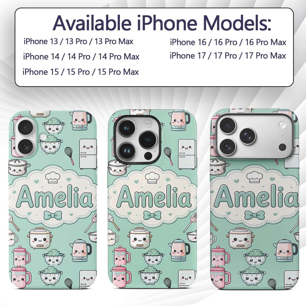Kawaii Chef Girl Cooking Utensils Printed Design Custom Name Protective Phone Case Mobile Cover Durable Everyday Smartphone Shock Resistant