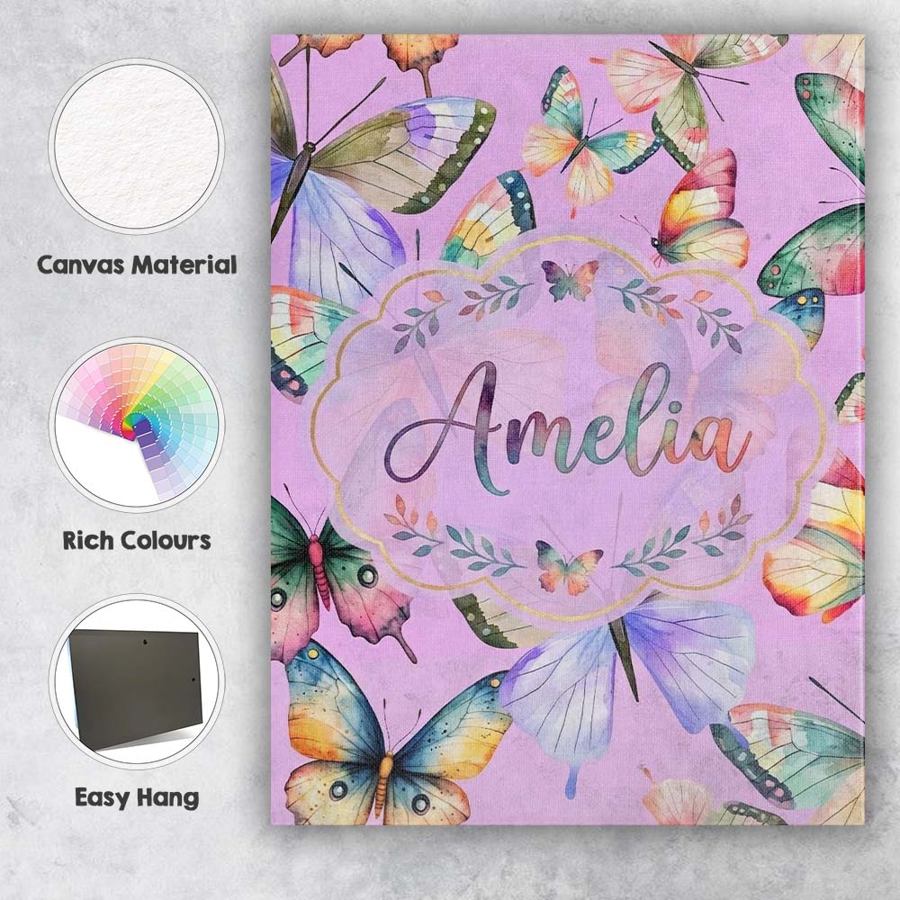Personalised Name Pastel Watercolor Butterflies Lavender Background Custom Canvas Wall Art Print Decor Picture Ready to Hang