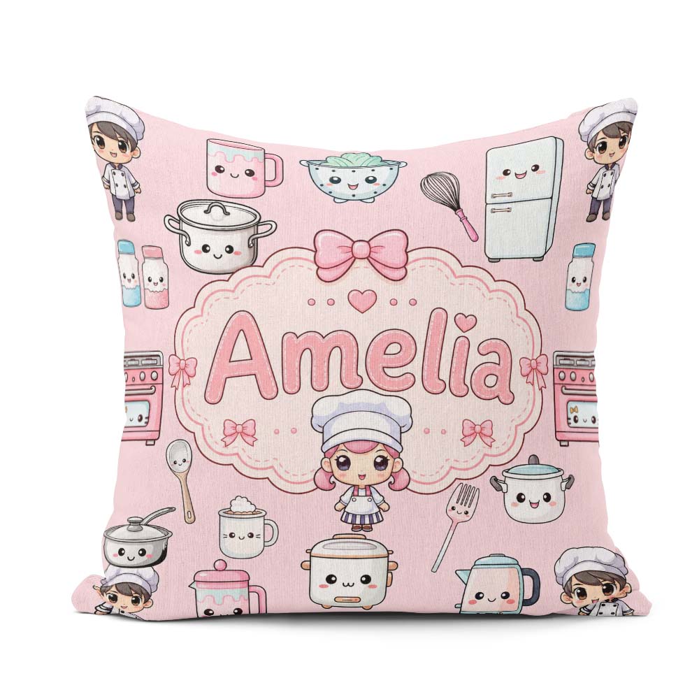 Custom Name Chef Girl Cooking Utensils on Pink Seamless Pattern Square Filled Cushion Throw Pillow Sofa Bed Home Decor Zip Washable UK Made