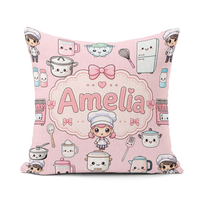 Custom Name Chef Girl Cooking Utensils on Pink Seamless Pattern Square Filled Cushion Throw Pillow Sofa Bed Home Decor Zip Washable UK Made