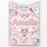 Kawaii  Chef Girl Cooking Utensils on Pink Seamless Pattern  Personalised Custom Name Super Soft Fleece Blanket Bed Sofa Throw