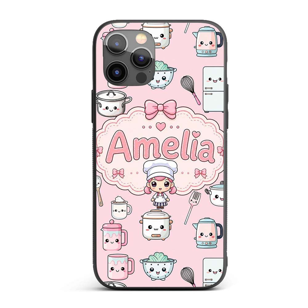 Kawaii Chef Girl Cooking Utensils Printed Design Custom Name Protective Phone Case Mobile Cover Durable Everyday Smartphone Shock Resistant