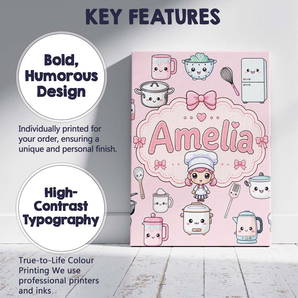 Personalised Name Kawaii Chef Girl Cooking Custom  Unique Gift Idea Elegant Feature Canvas Wall Art Print Decor Picture Ready to Hang