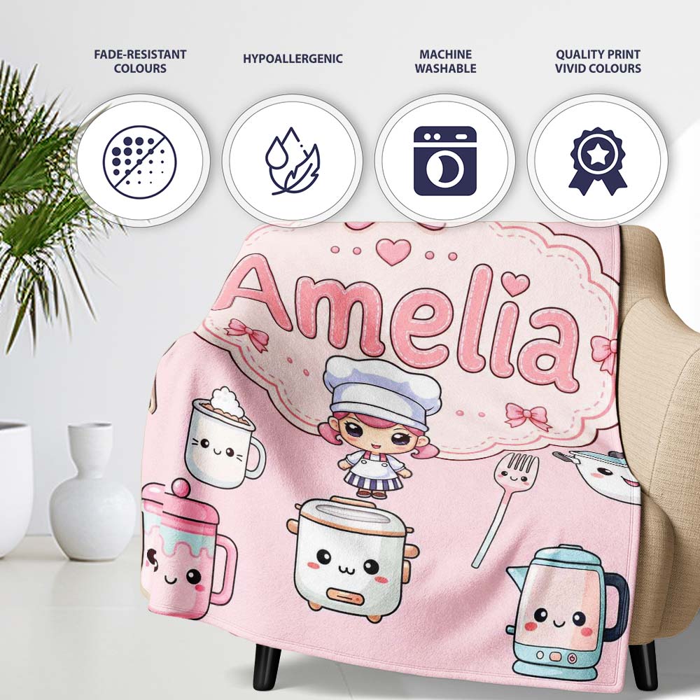 Kawaii  Chef Girl Cooking Utensils on Pink Seamless Pattern  Personalised Custom Name Super Soft Fleece Blanket Bed Sofa Throw