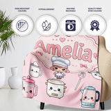 Kawaii  Chef Girl Cooking Utensils on Pink Seamless Pattern  Personalised Custom Name Super Soft Fleece Blanket Bed Sofa Throw