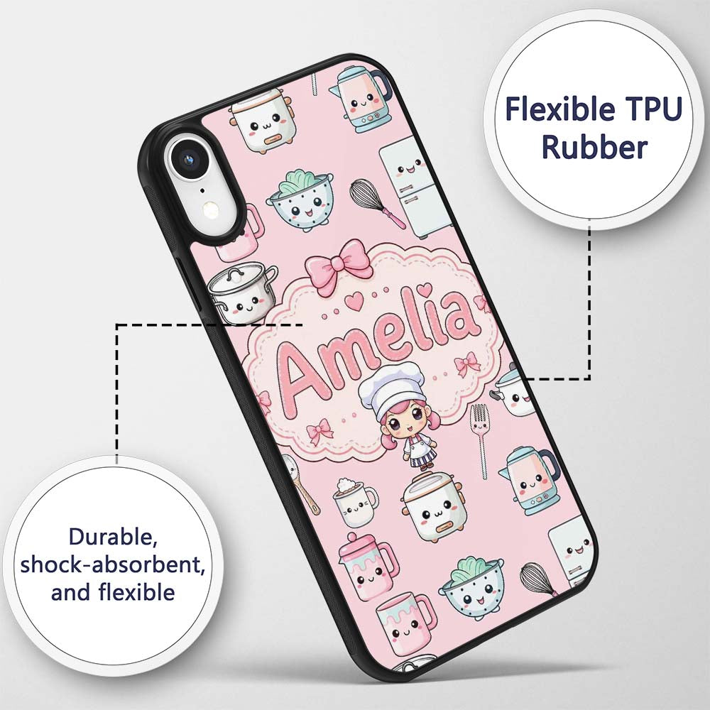 Kawaii Chef Girl Cooking Utensils Printed Design Custom Name Protective Phone Case Mobile Cover Durable Everyday Smartphone Shock Resistant