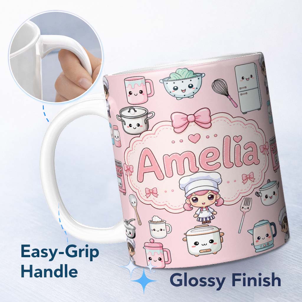 Personalized Custom Name Kawaii Kitchen Chef Girl Cooking Utensils on Pink Seamless Pattern 11oz Ceramic Coffee Tea Mug White Large Handle