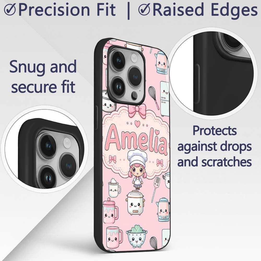 Kawaii Chef Girl Cooking Utensils Printed Design Custom Name Protective Phone Case Mobile Cover Durable Everyday Smartphone Shock Resistant