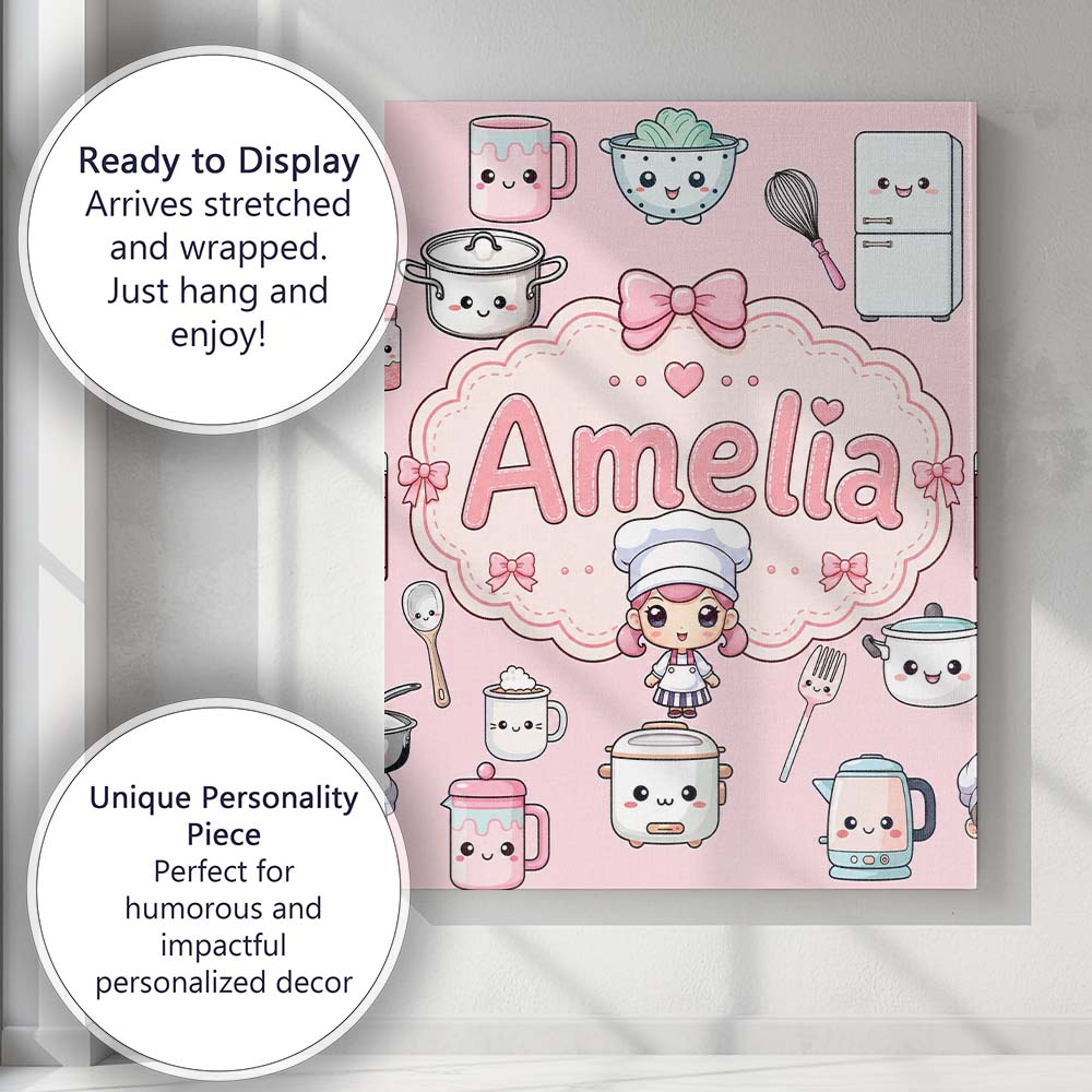 Personalised Name Kawaii Chef Girl Cooking Custom  Unique Gift Idea Elegant Feature Canvas Wall Art Print Decor Picture Ready to Hang