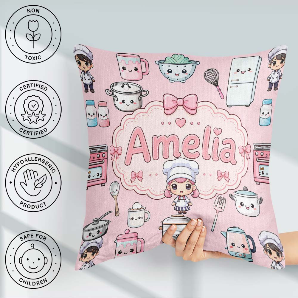 Custom Name Chef Girl Cooking Utensils on Pink Seamless Pattern Square Filled Cushion Throw Pillow Sofa Bed Home Decor Zip Washable UK Made