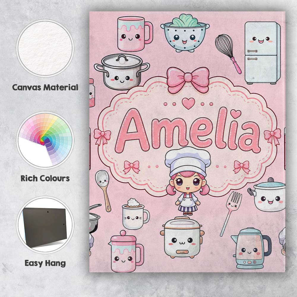 Personalised Name Kawaii Chef Girl Cooking Custom  Unique Gift Idea Elegant Feature Canvas Wall Art Print Decor Picture Ready to Hang